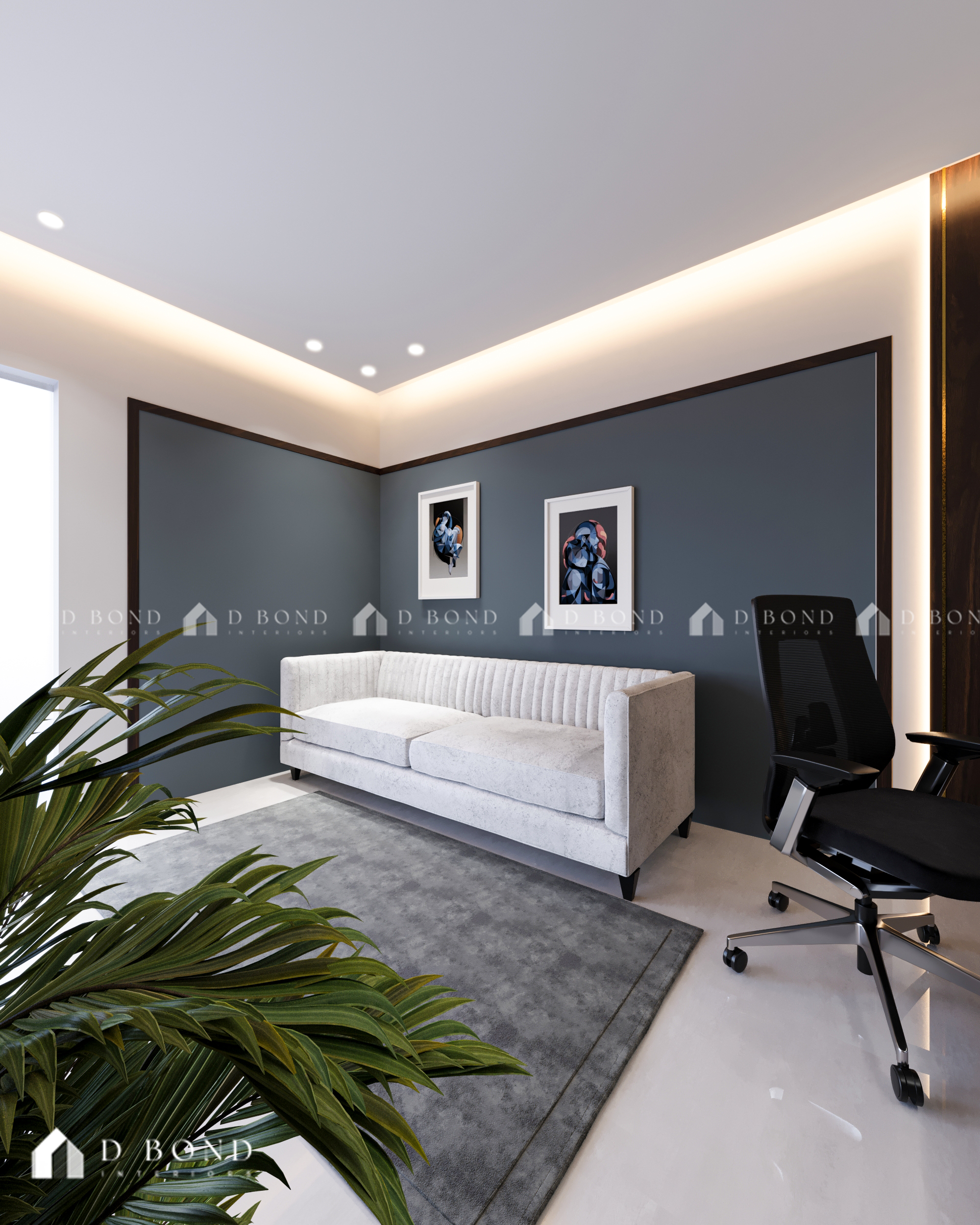 A cozy living room with a light blue sofa, decorative pillows, a blanket, and a framed map on the wall