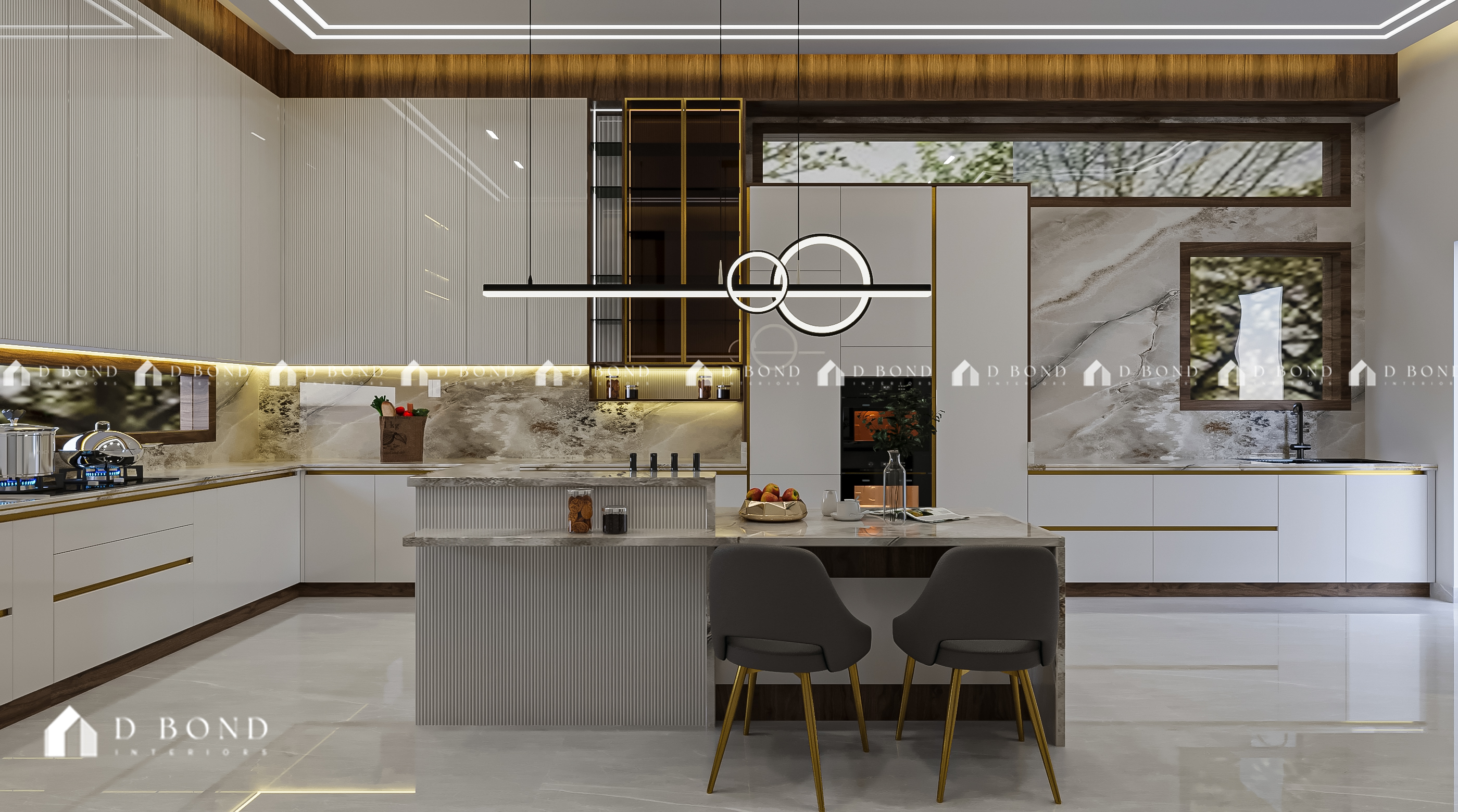 Modern living room with wooden panels and large window