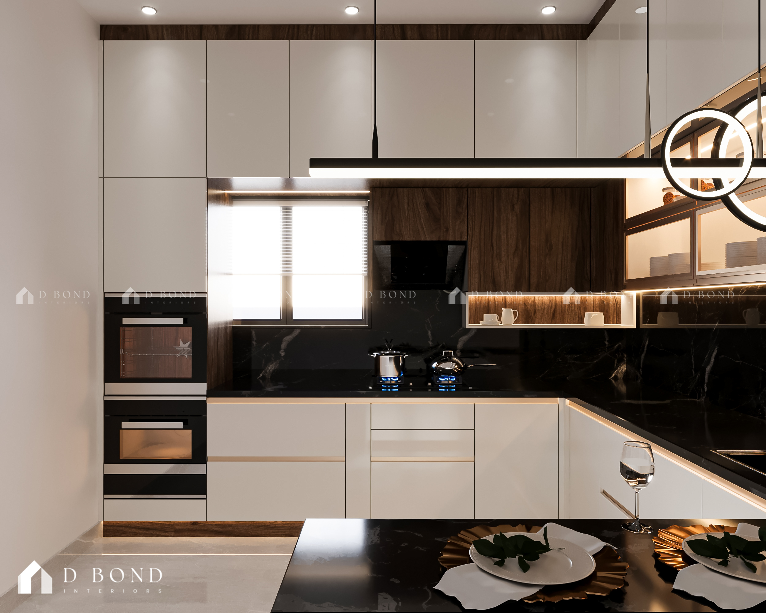 Bright bedroom with large windows and wooden accents