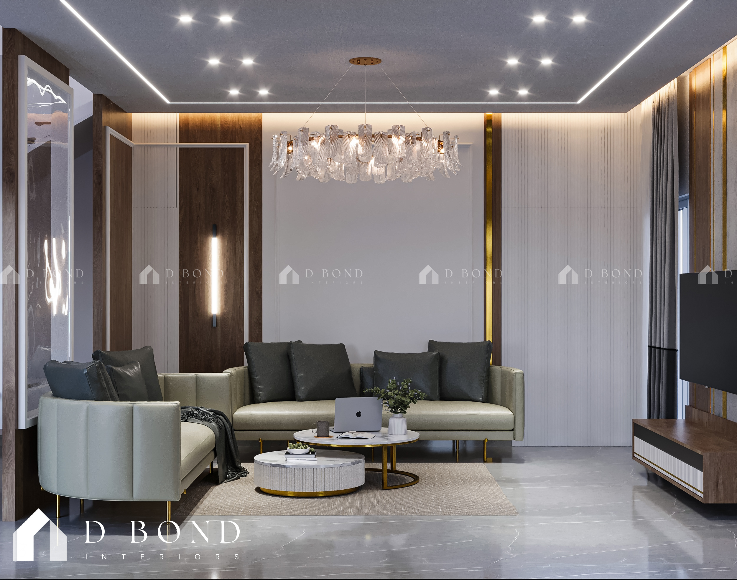 Living room with modern fireplace and wooden beams