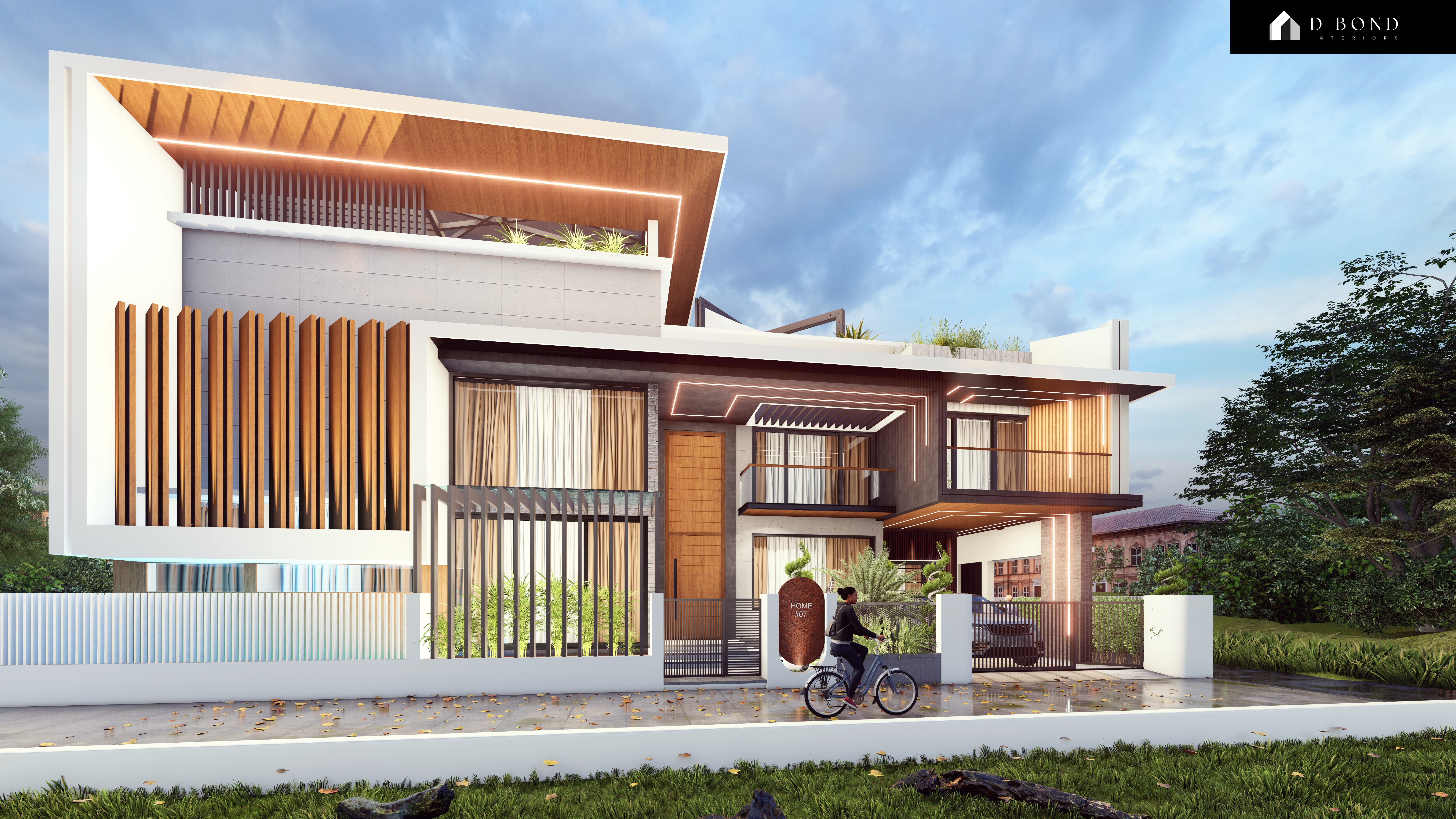 Modern living room with wooden panels and large window