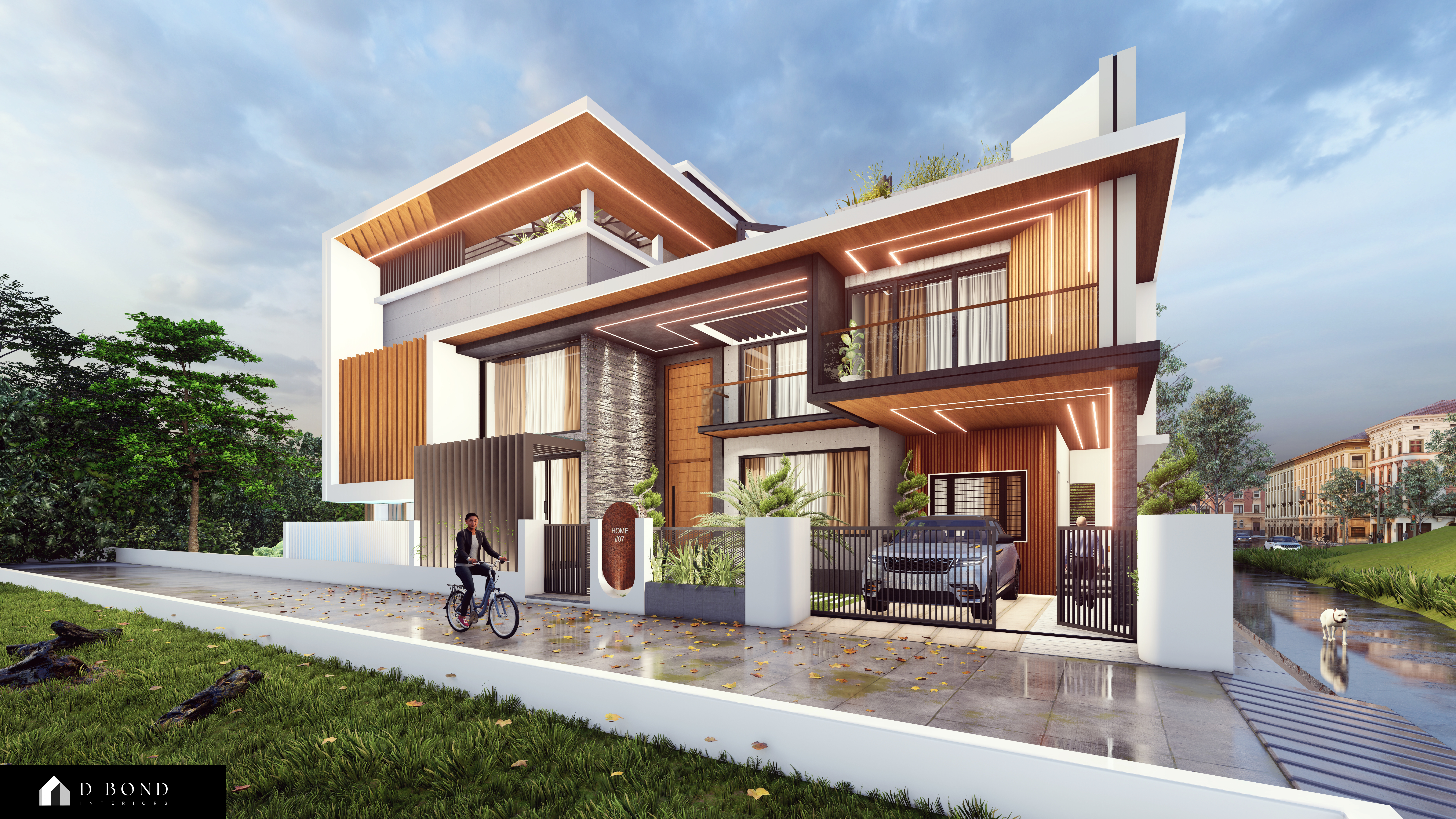 Modern living room with wooden panels and large window