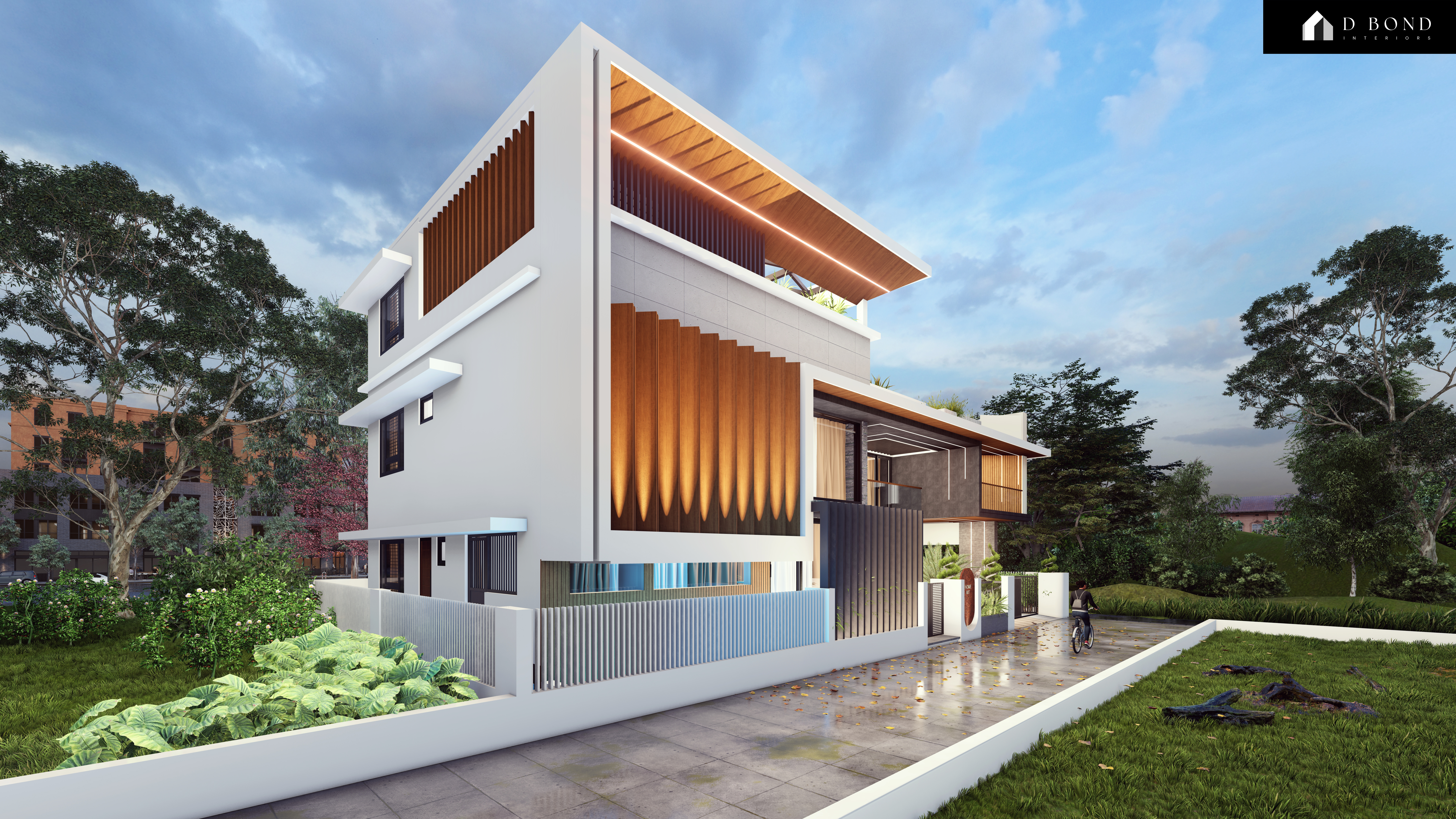 Modern living room with wooden panels and large window