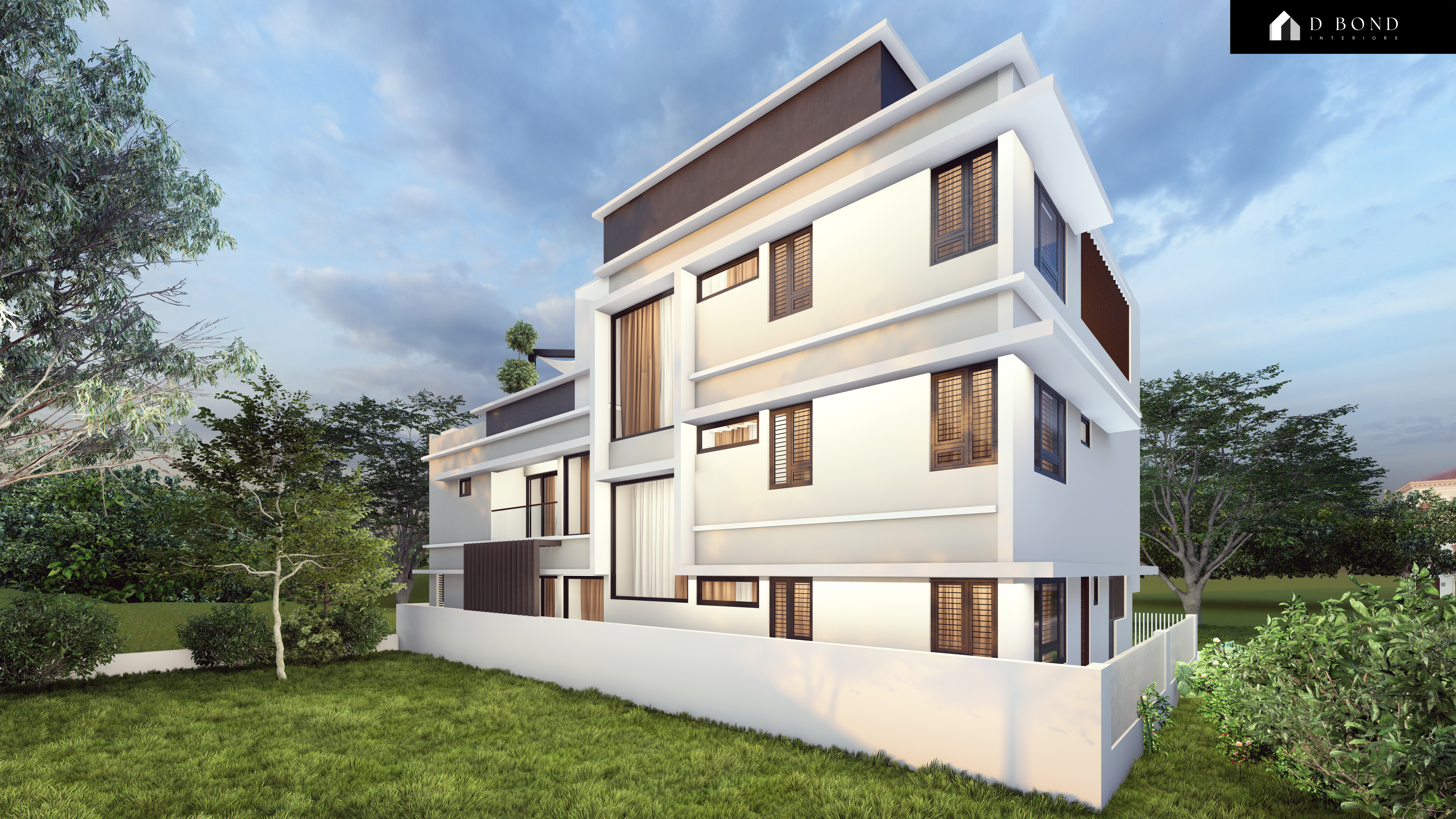 Modern living room with wooden panels and large window